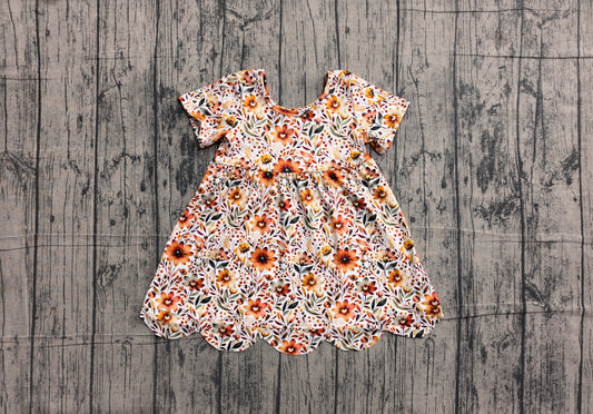 ( No moq ) Preorder Baby Girls Kids Short Sleeves Flower Scallop Knee Length Dress Clothes
