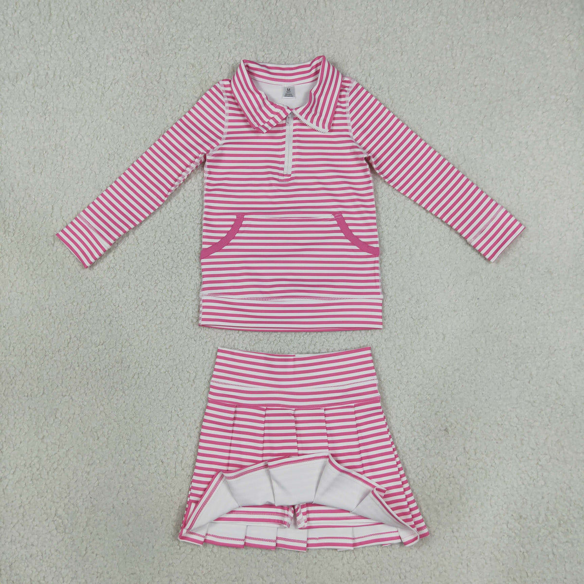 Baby Girls Kids Long Sleeves Pink Stripes Zipper Shirt Skirt Shorts Set Yoga Active Clothes RTS