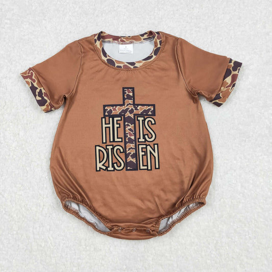Baby Boy Infant Short Sleeves He Is Risen Cross Camo Bubble Romper RTS