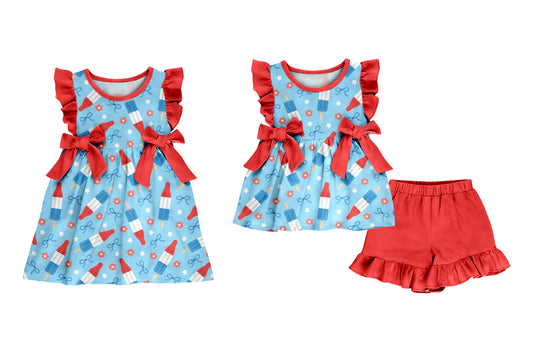 ( Moq 5 Each Style ) Baby Girls Kids Short Sleeves Popsicle Bows Sibling 4th of July Dress Set