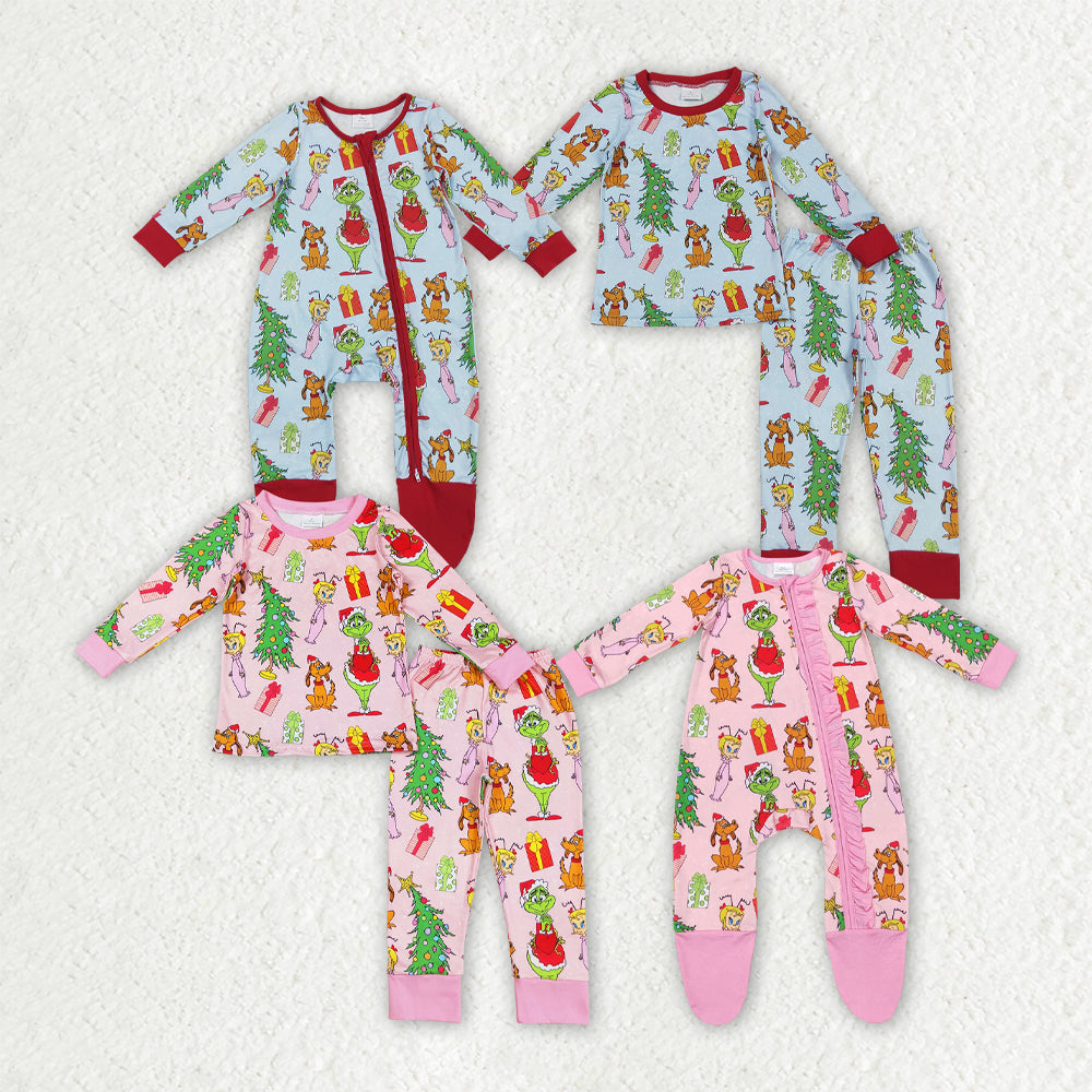 Boys Girls Kids Green Face Christmas Zipper Footie Romper Pajamas Set Sibling Clothes RTS