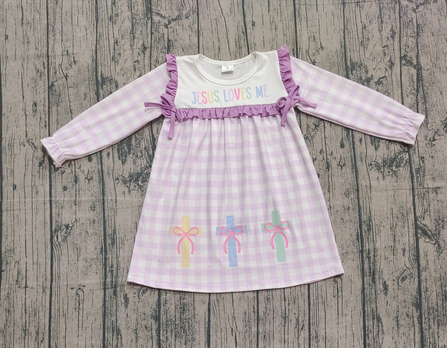Girls Kids Long Sleeves Jesus Loves Me Purple Plaid Cross Easter Dress RTS