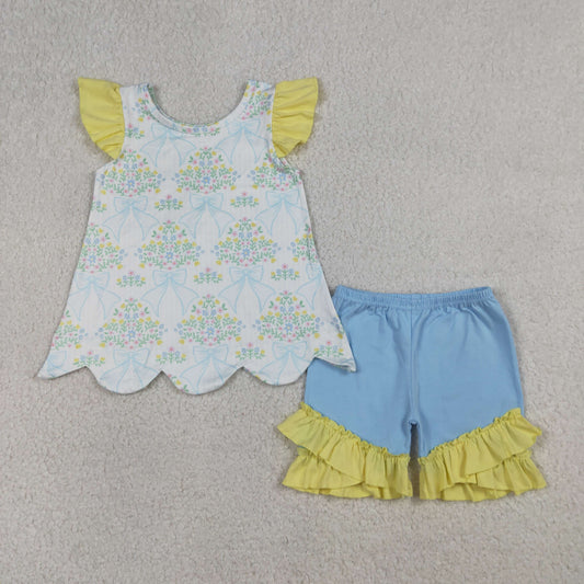 Baby Girls Short Sleeves Bows Floral Tunic Ruffle Blue Shorts Clothes Set RTS
