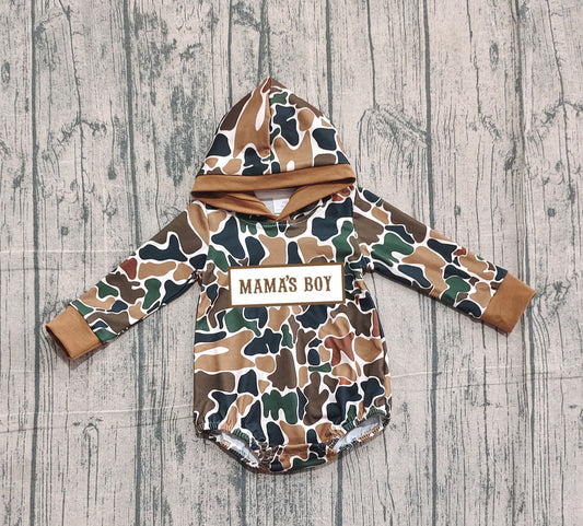 ( No moq ) Preorder Baby Boys Embroidery Mama's Boy Hoodie Brown Camo Bubble Romper