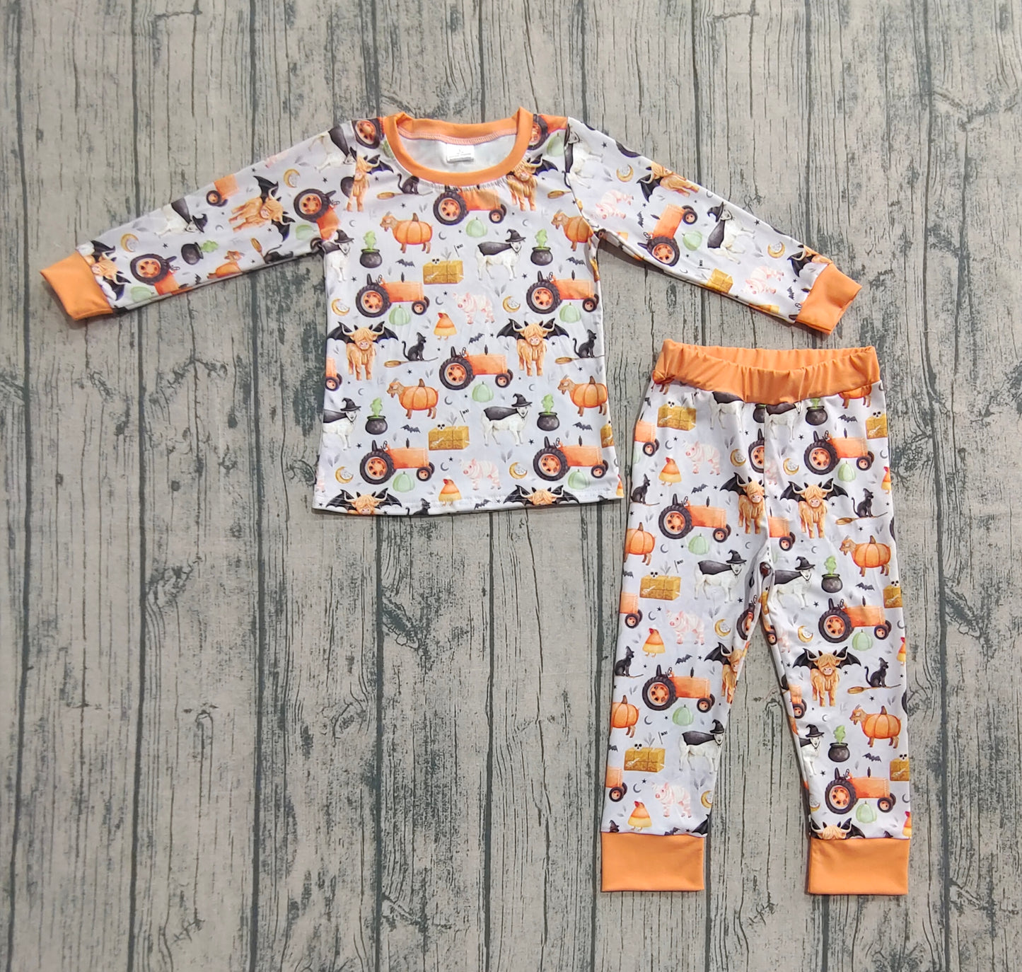 Baby Boy Long Sleeves Halloween Pumpkins Farm Animals Shirt Pants Pajamas Set RTS