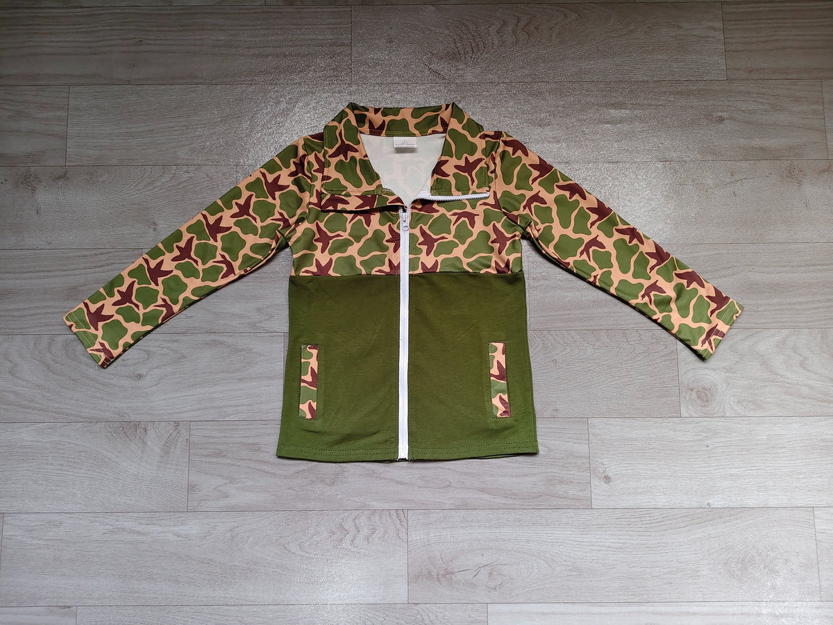 ( No moq ) Preorder Baby Boys Kids Long Sleeves Ducks Zipper Pockets Jacket Green Camo Clothes