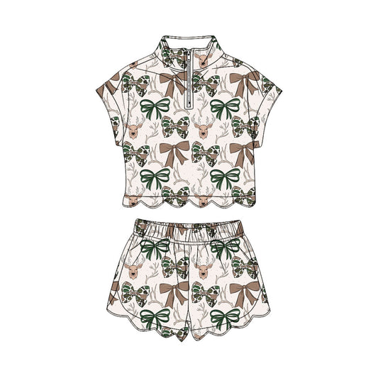 ( Moq 5 ) Preorder Baby Girl Kids Deer Bows Zipper Shirt Scallop Shorts Set Hunting Clothes
