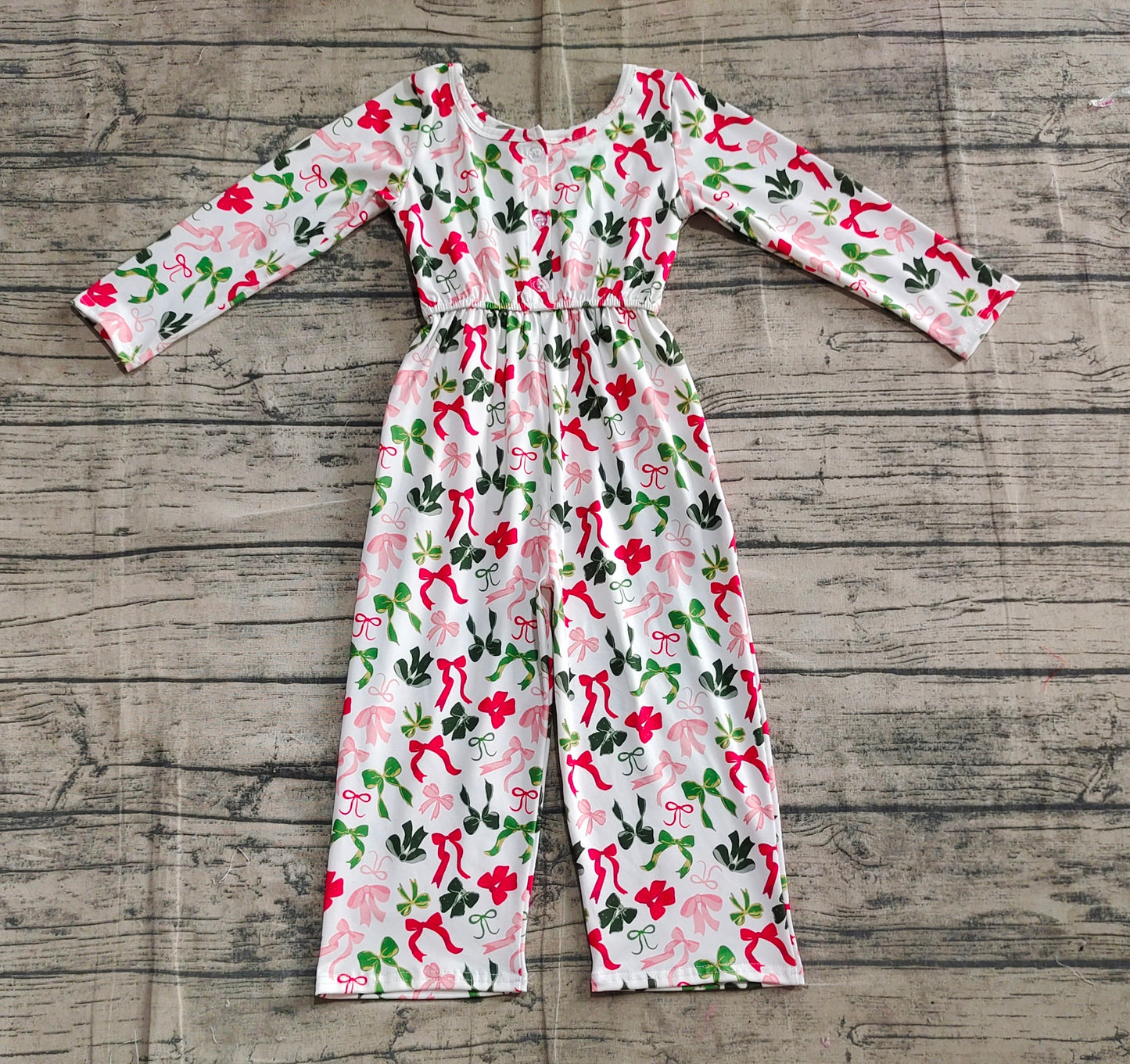 Baby Girl Long Sleeves Colorful Bows Pockets Christmas Buttons Jumpsuit RTS