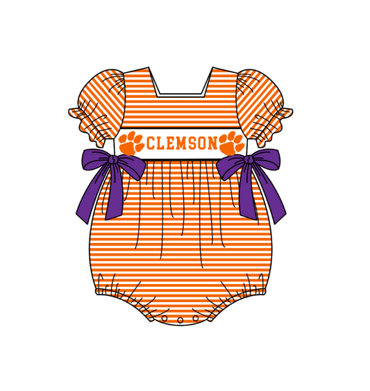 ( Moq 5 ) Baby Girls Kids Short Sleeves Orange Stripes Purple Bows Team Romper