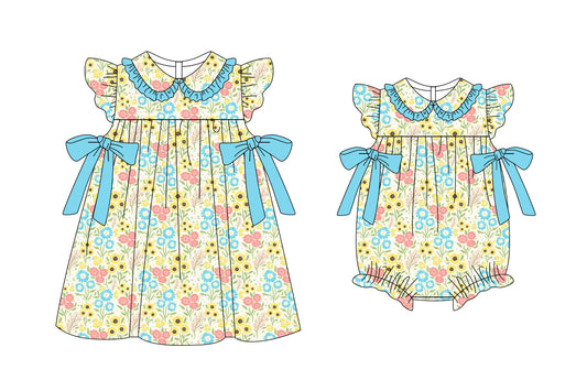 ( Moq 5 Each Style ) Sibling Baby Girls Kids Short Sleeves Flower Bows Romper Dress Clothes