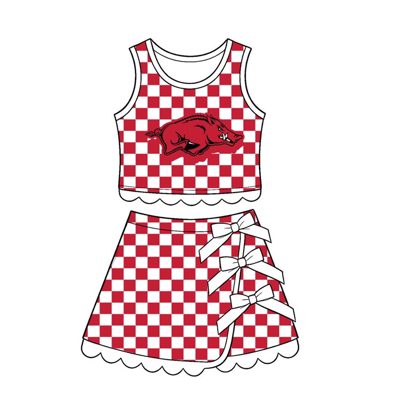 ( Moq 5 ) Preorder Baby Girls Kids Pig Checked Shirt Scallop Bows Skirt Shorts Team Set Yoga Active Clothes
