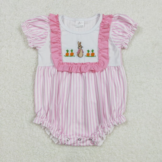 Baby Girl Infant Short Sleeves Embroidery Easter Rabbit Carrot Bubble Pink Romper RTS