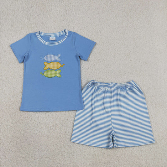 Baby Boy Kids Short Sleeves Embroidery Fish Blue Shirt Strips Shorts Summer Set RTS