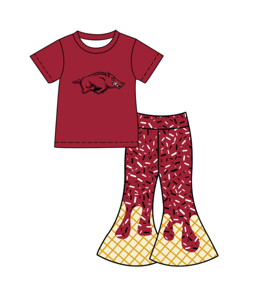 ( Moq 5 ) Baby Girls Red Short Sleeves Pig Shirt Drip Sprinkles Bell Pants Team Clothes Set