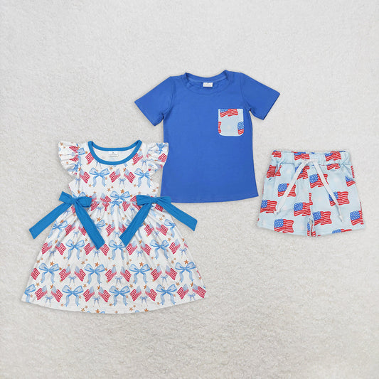 Baby Boy Girl Short Sleeves 4th Of July Bows Flags Sibling Dress Set Clothes RTS