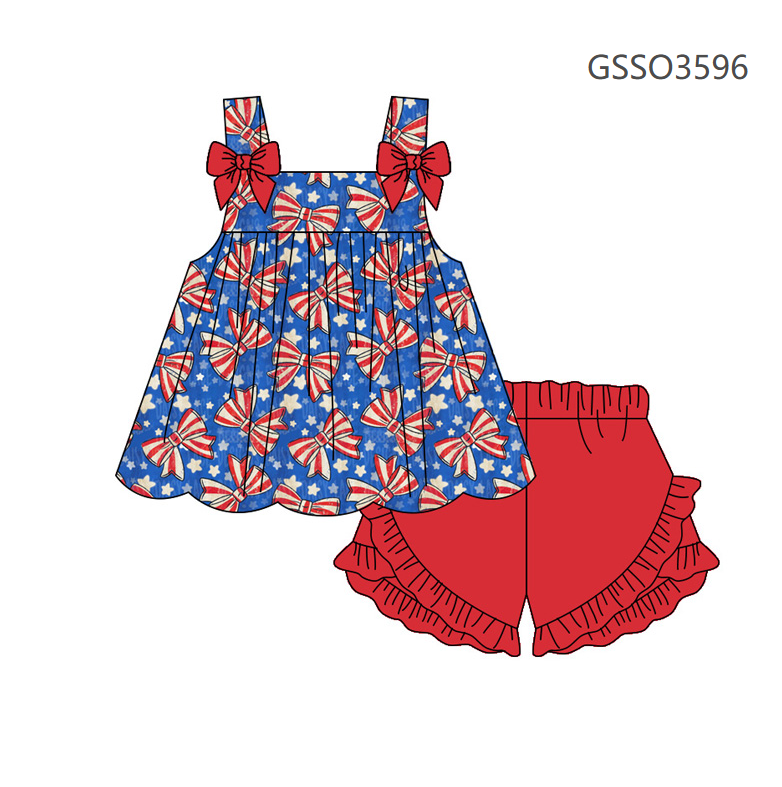 ( Moq 5 ) Preorder Baby Girls Kids Sleeveless Bows Stars Tops Red Shorts Set 4th of July Clothes