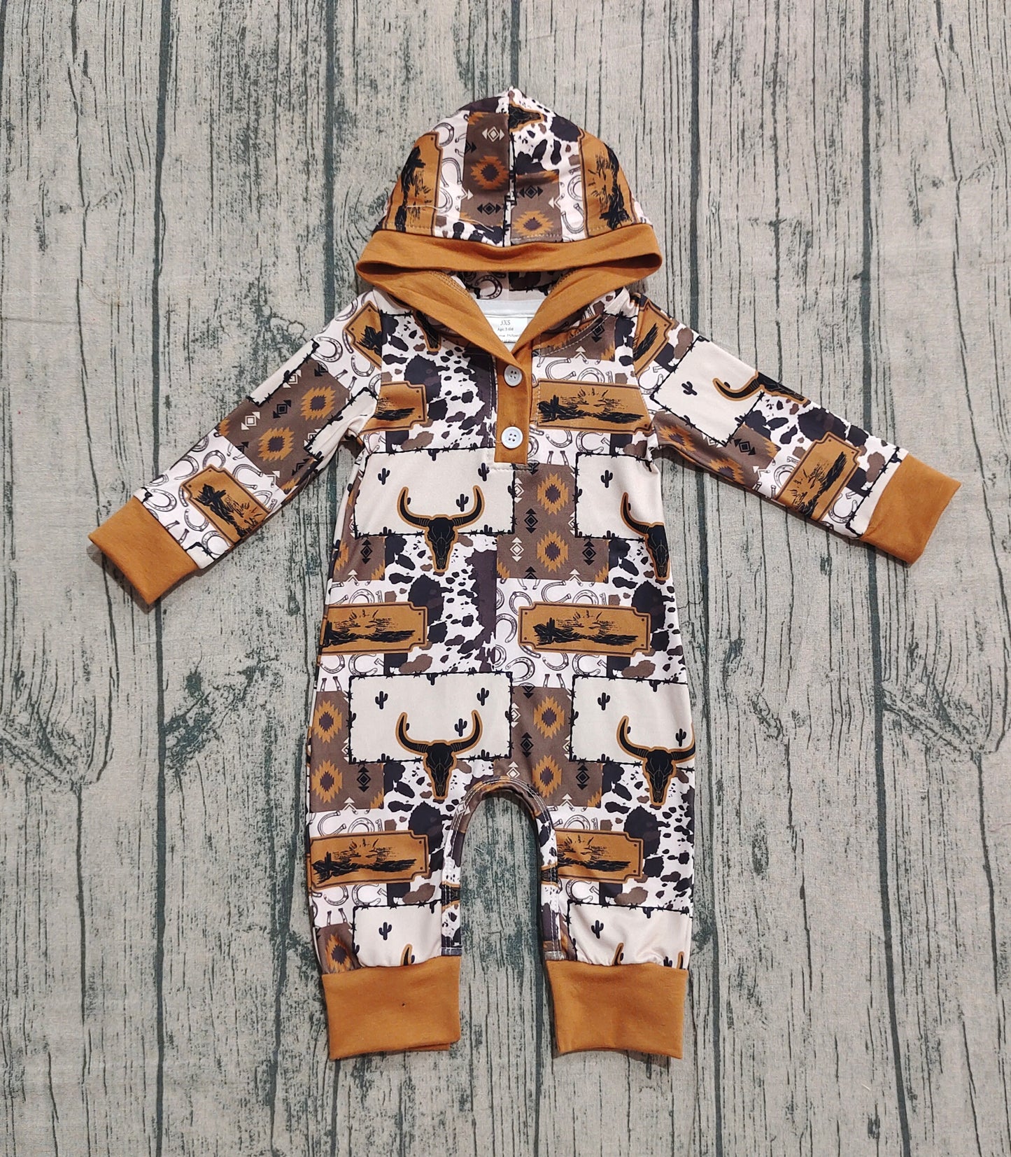 Baby Boy Long Sleeves Cow Cactus Aztec Hoodie Western Romper RTS