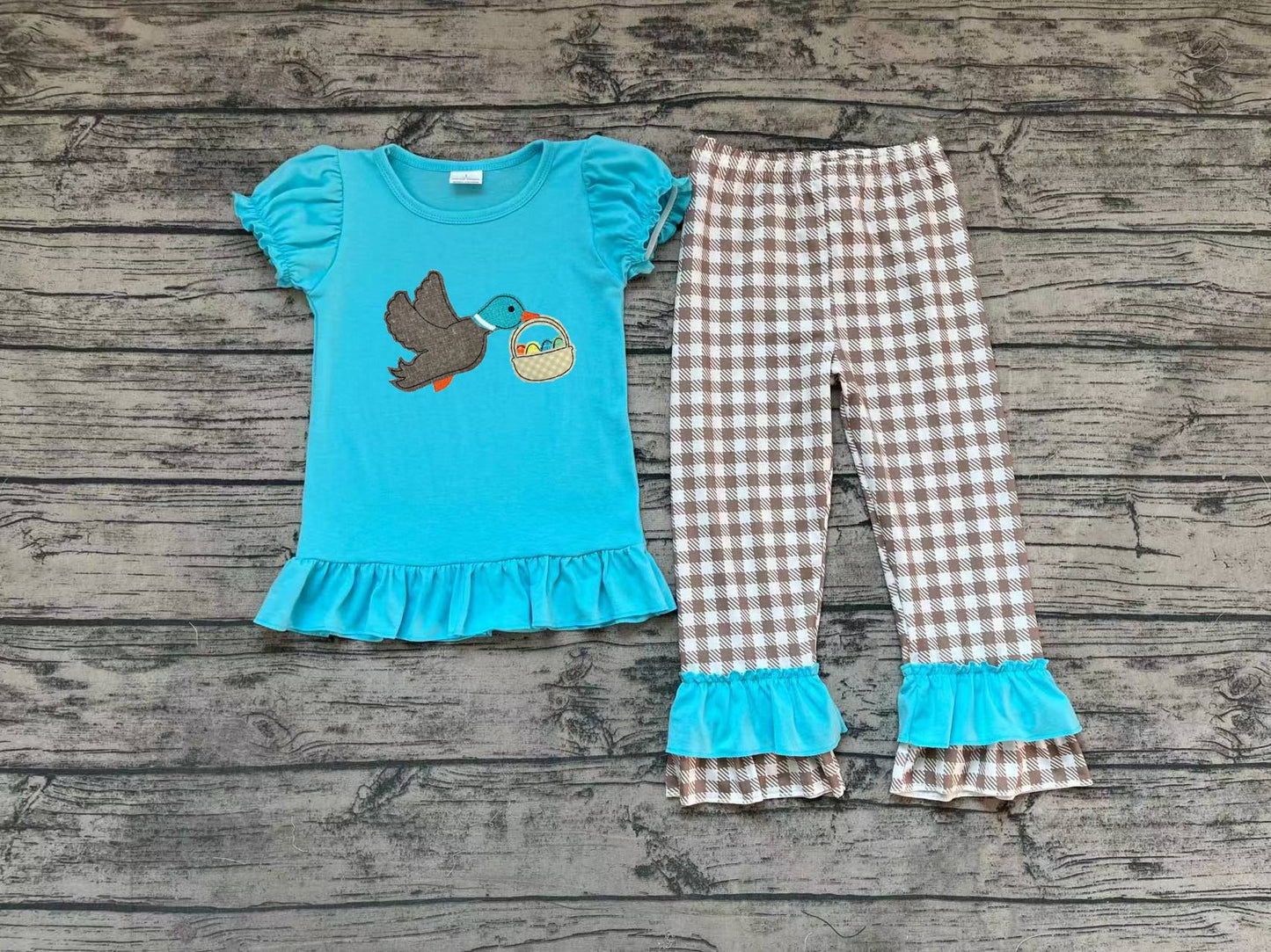 No moq Pre-order GSPO1022 Easter Baby Girl Duck Eggs Blue Shirt Plaid Pants Set