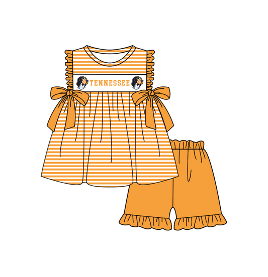 ( Moq 5 ) Baby Girls Toddler Short Sleeves Dogs Orange Stripes Purple Bows Tunic Shorts Team Set