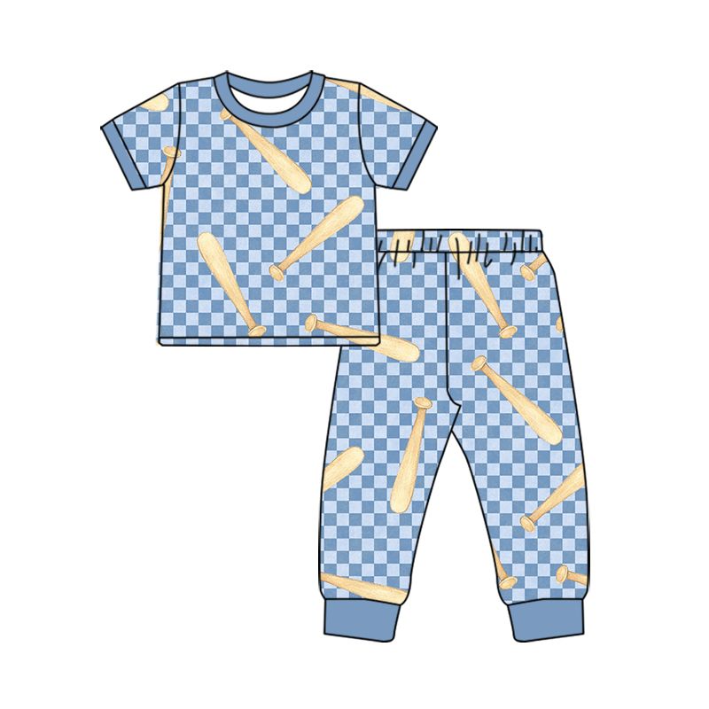 ( Moq 5 ) Preorder Baby Boys Kids Baseball Blue Checked Shirt Pants Set Pajamas Clothes