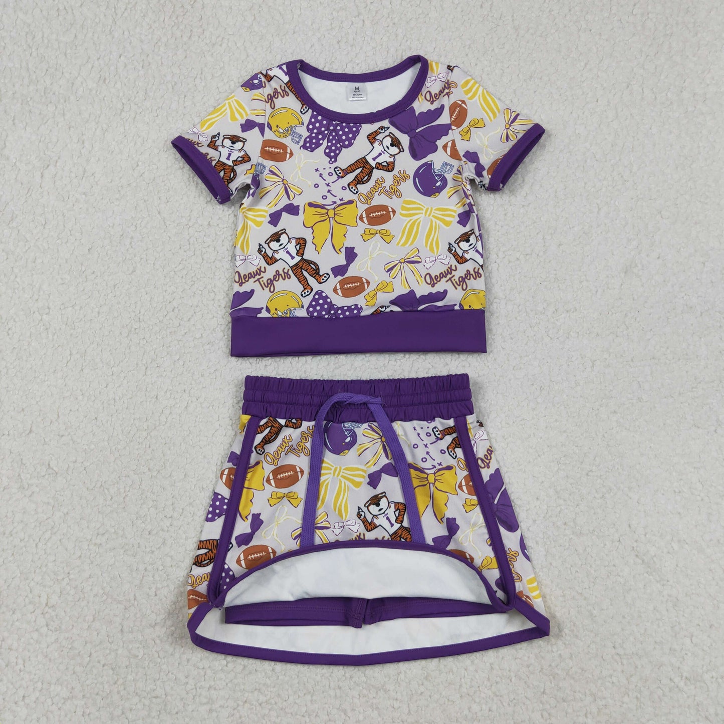 Baby Girls Toddler Short Sleeves Tigers Bows Football Team Shirt Shorts Yoga Purple Set RTS