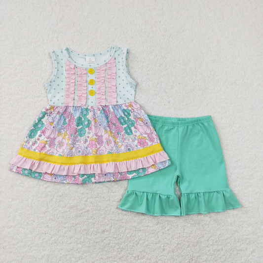 GSSO0503 Baby Girl Sleeveless Floral Ruffle Tunic Green Shorts Set