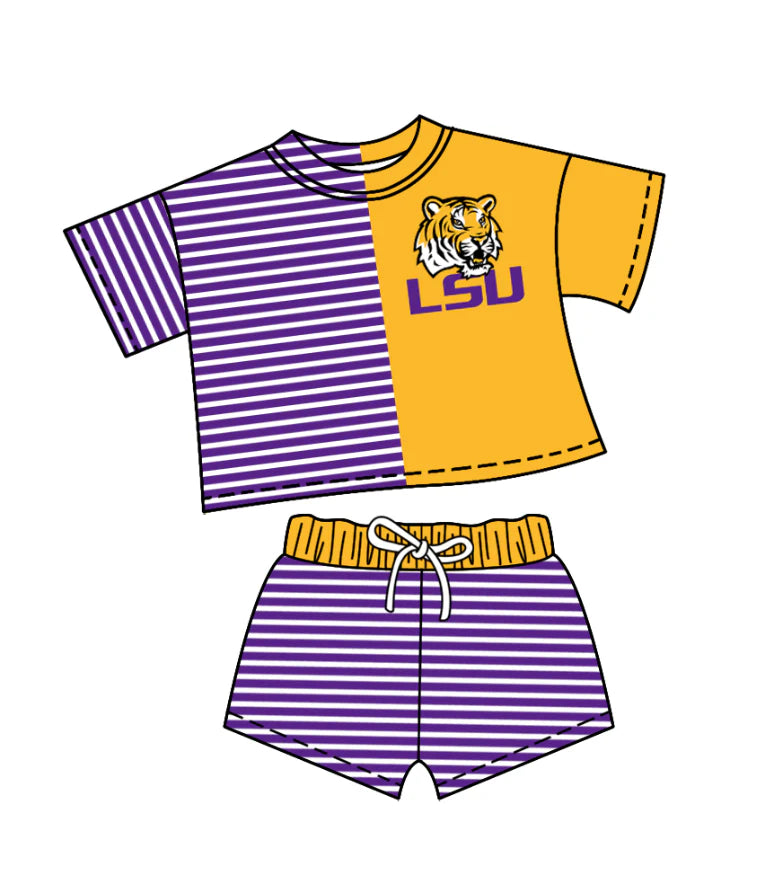 ( Moq 5 ) Baby Girls Short Sleeves Tiger Shirt Purple Stripes Shorts Team Clothes Set