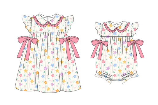 ( Moq 5 Each Style ) Sibling Baby Girls Kids Short Sleeves Flower Pink Bows Romper Dress Clothes