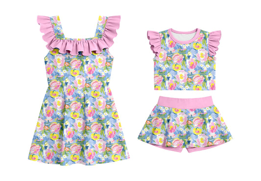 ( Moq 5 Each Style ) Baby Girls Kids Pink Short Sleeves Flower Sibling Summer Ruffle Dress Set