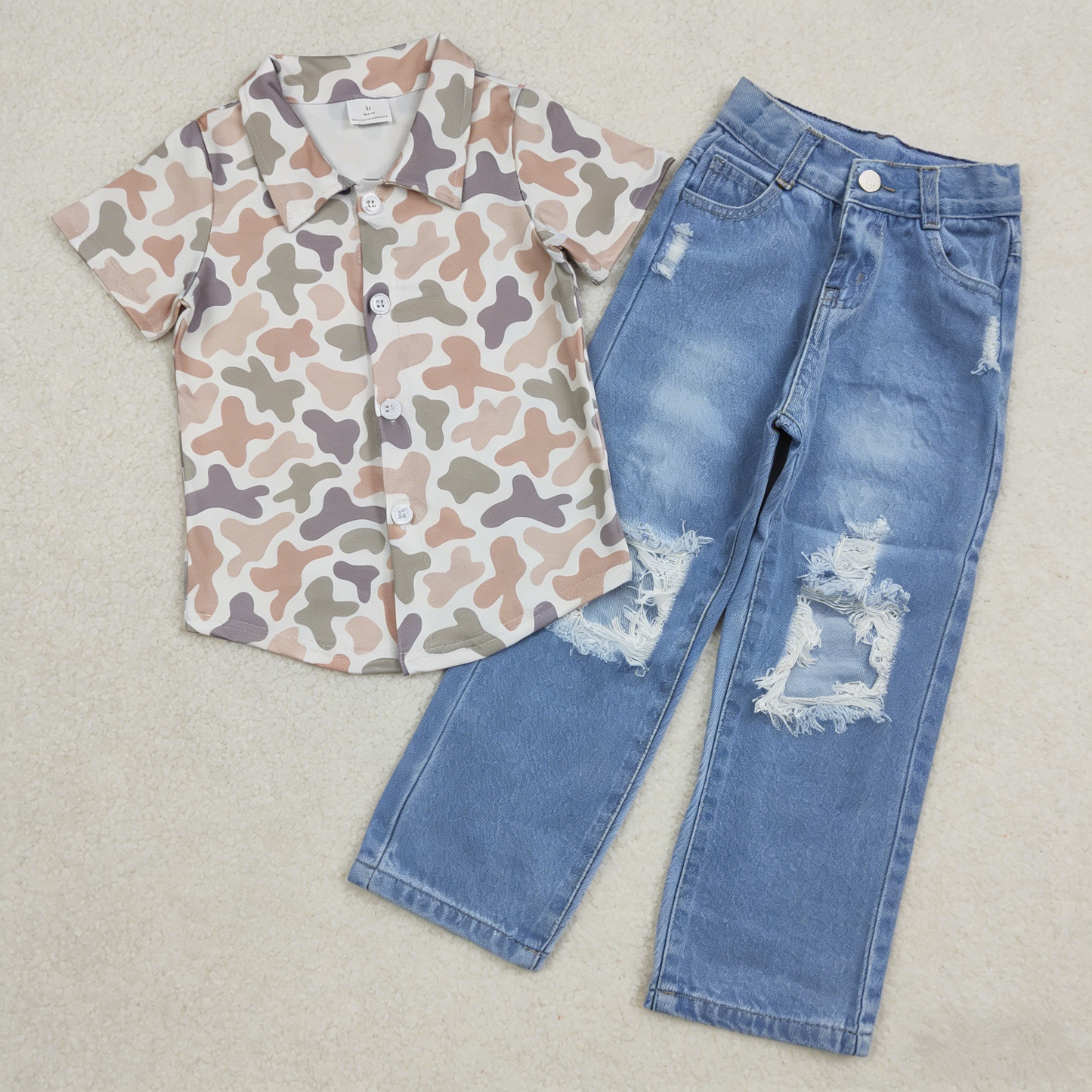 Baby Boys Kids Short Sleeves Camo Buttons Shirt Blue Denim Jeans Pants Set RTS