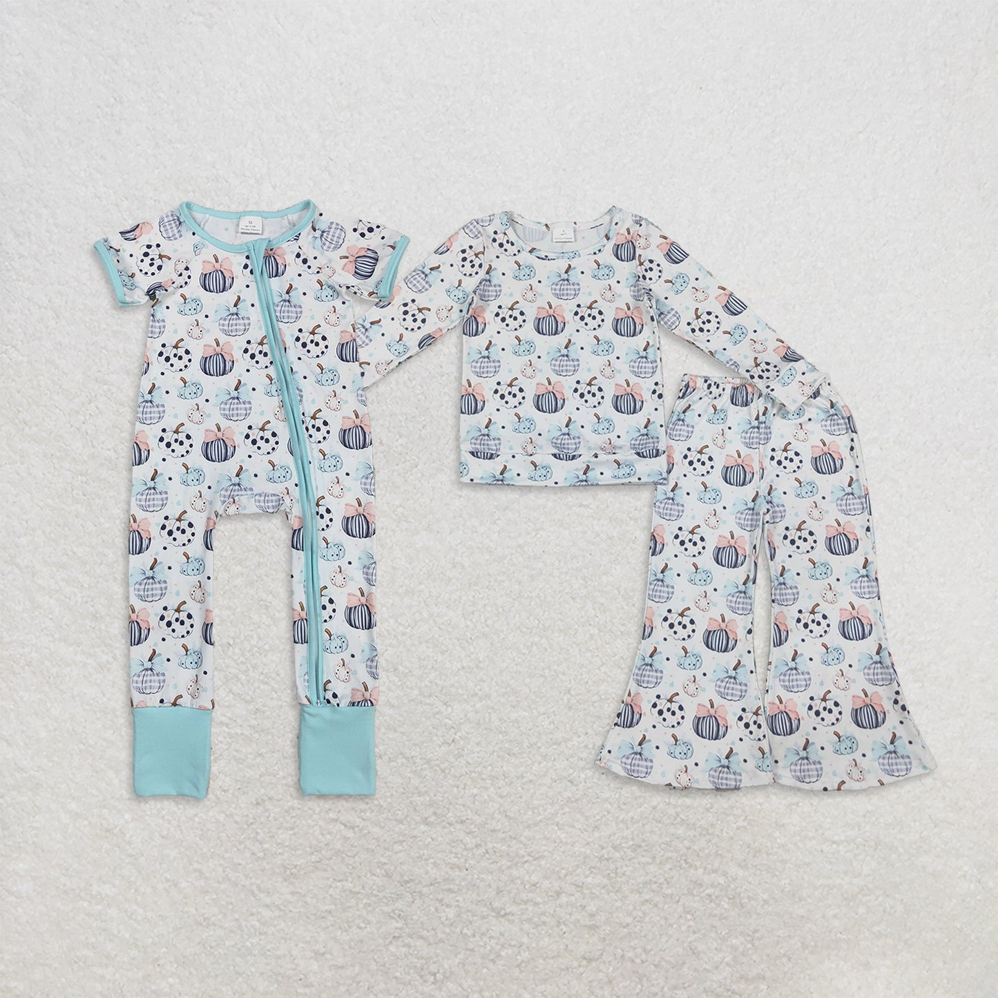 Sibling Baby Girls Kids Pumpkins Bows Shirt Bell Pants Fall Set Zipper Romper Clothes RTS