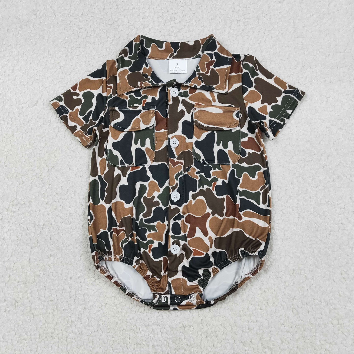 Baby Boys Short Sleeves Brown Green Camo Pockets Buttons Romper RTS