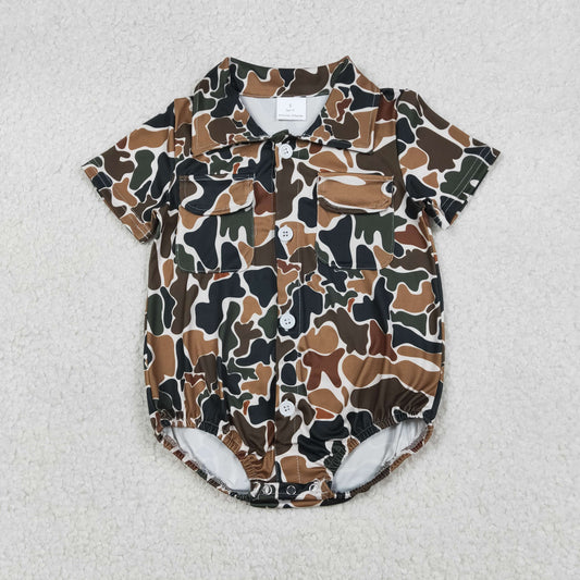 Baby Boys Short Sleeves Brown Green Camo Pockets Buttons Romper RTS