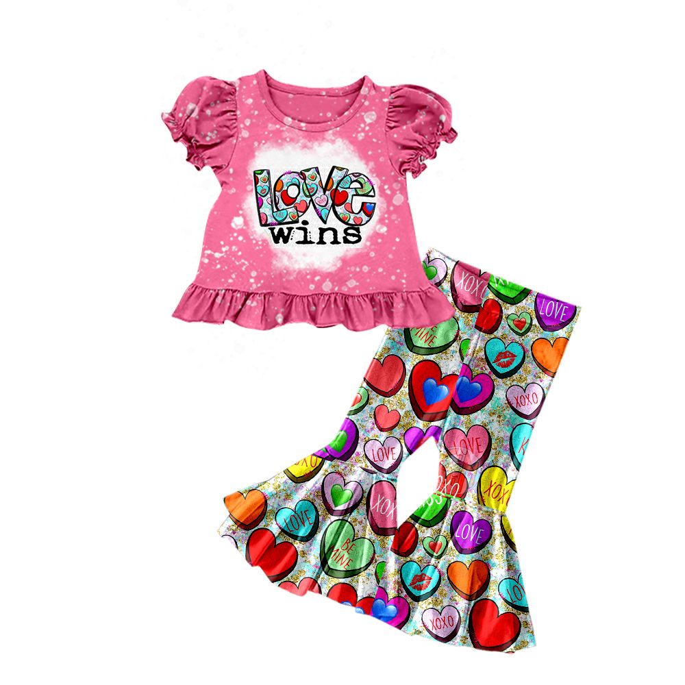 Moq 3 Pre-order GSPO1153 Baby Girl Love Shirt Duck Valentine's Day Hearts Bell Pants Set