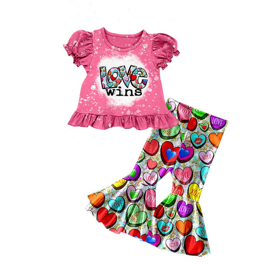 Moq 3 Pre-order GSPO1153 Baby Girl Love Shirt Duck Valentine's Day Hearts Bell Pants Set