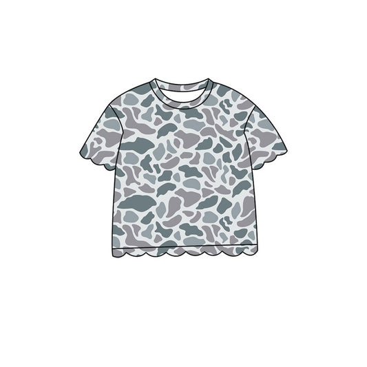 ( Moq 5 ) Preorder Baby Girls Kids Short Sleeves Grey Camo Shirt Scallop Pullover Kids Clothes