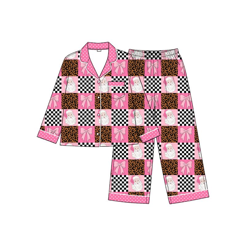 ( Moq 5 ) Preorder Baby Girls Kids Santa Bows Plaid Leopard Buttons Shirt Pants Fall Pajamas Christmas Set Clothes