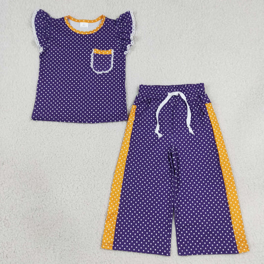 Baby Girls Kids Short Sleeves Dots Tops Pants Purple Set Team Clothes RTS
