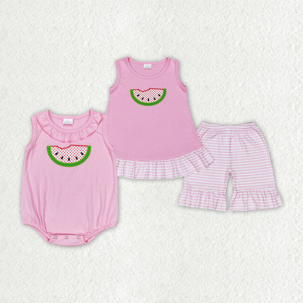Baby Girl Embroidery Watermelon Summer Sibling Sister Romper Set