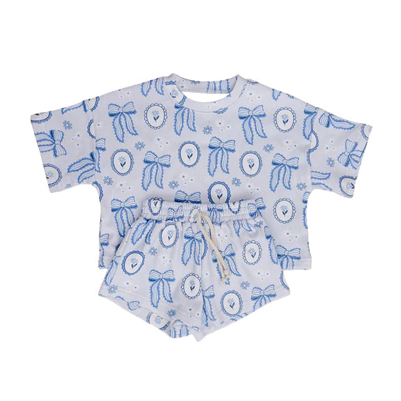 ( Moq 5 ) Preorder Baby Girl Kids Short Sleeves Blue Bows Flower Shirt Shorts Set Summer Clothes
