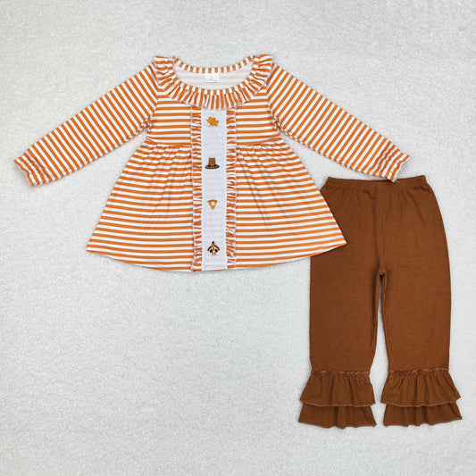 Baby Girl Stripes Embroidery turkey Tunic Ruffle Pants Thanksgiving Fall Set