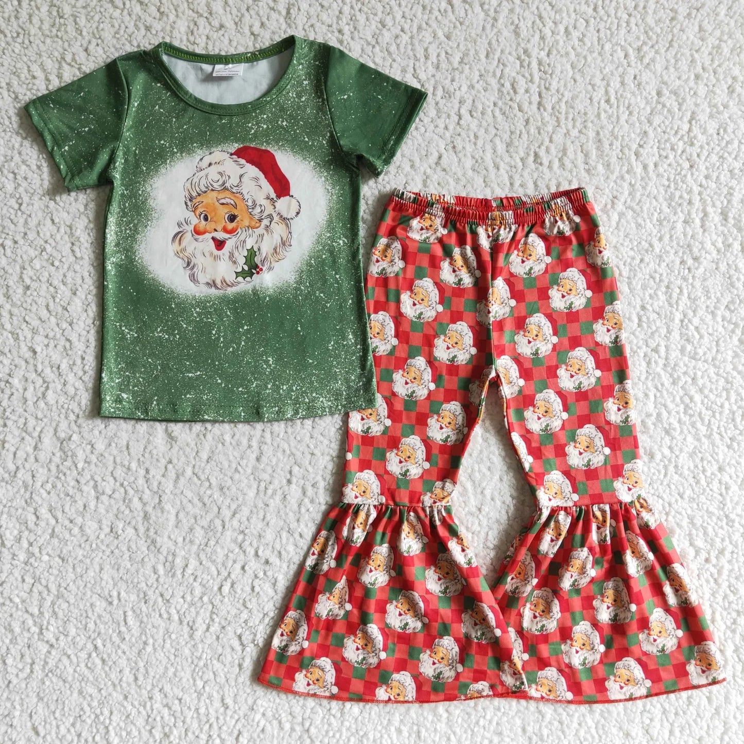 Promotion Baby Girl Green Shirt Christmas Santa Plaid Bell Pants Outfit RTS