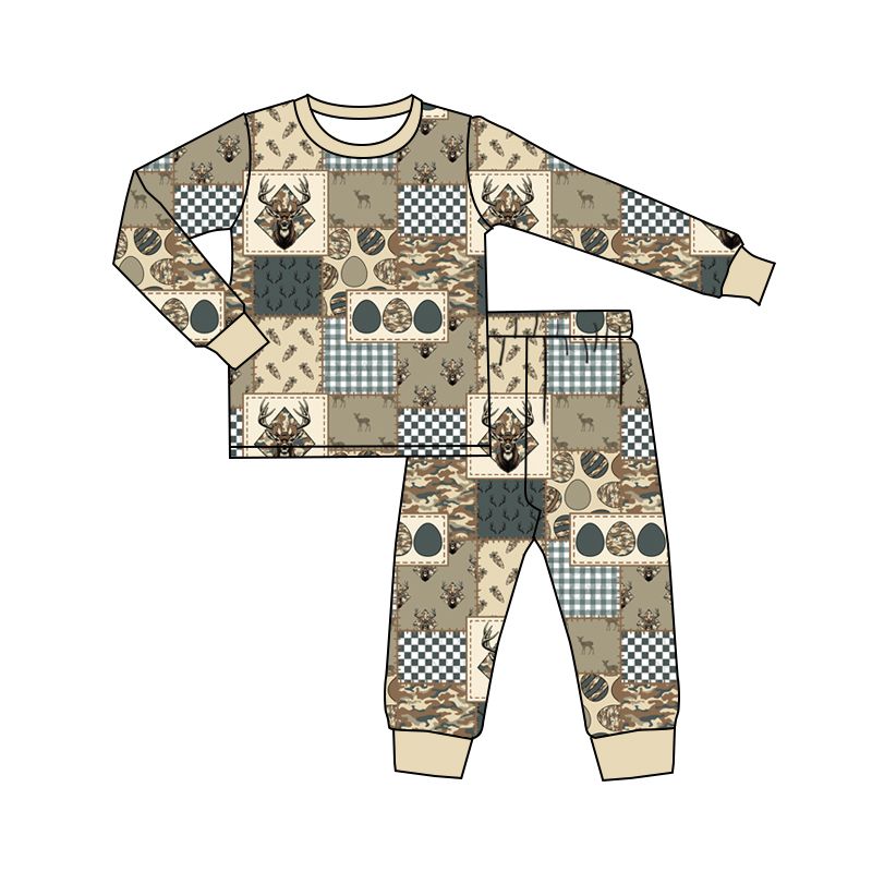 ( Moq 5 ) Preorder Baby Boys Kids Deer Eggs Easter Shirt Plaid Pants Set Pajamas Camo Clothes