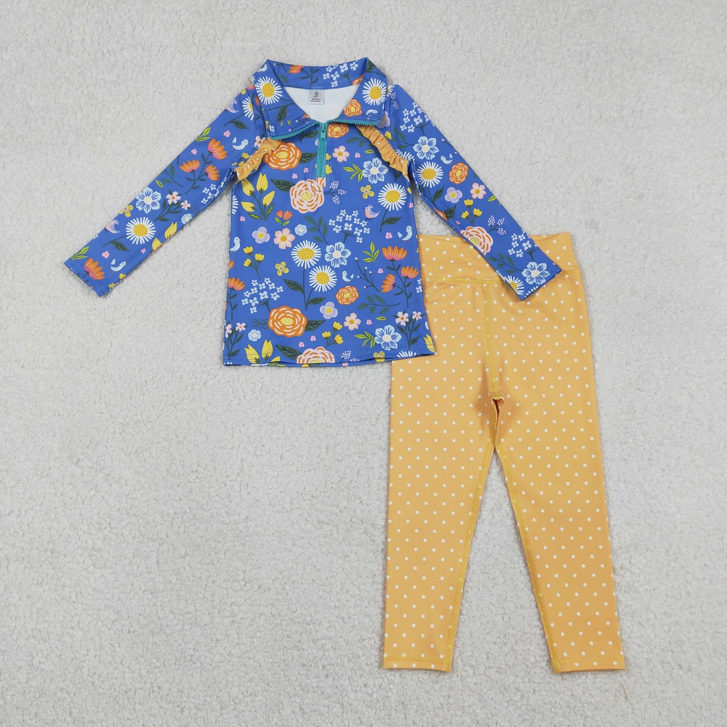 Baby Girls Kids Long Sleeves Flowers Zipper Blue Pullover Dots Pants Yoga Active Clothes Set RTS