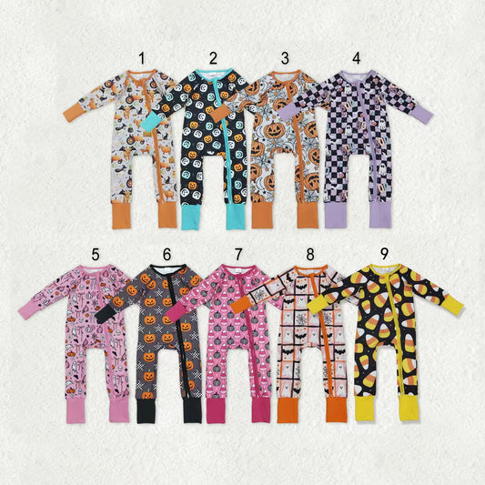 Sibling Baby Boys Girls Kids Halloween Pumpkins Ghosts Two-way Zipper Footie Sleeper Rompers RTS