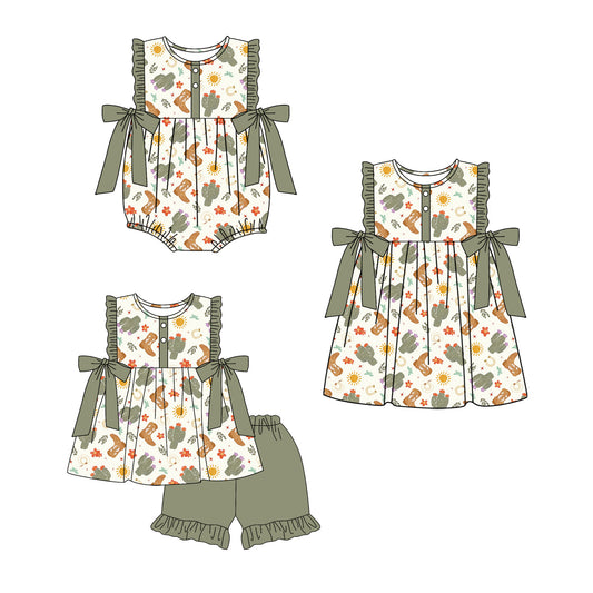 ( Moq 5 Each Style ) Sibling Baby Girls Kids Sleeveless Boots Cactus Romper Dress Set