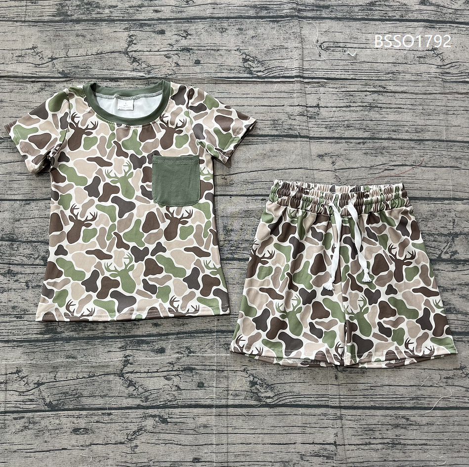 ( No moq ) Preorder Baby Boys Short Sleeves Pocket Shirt Deer Green Camo Shorts Clothes Set
