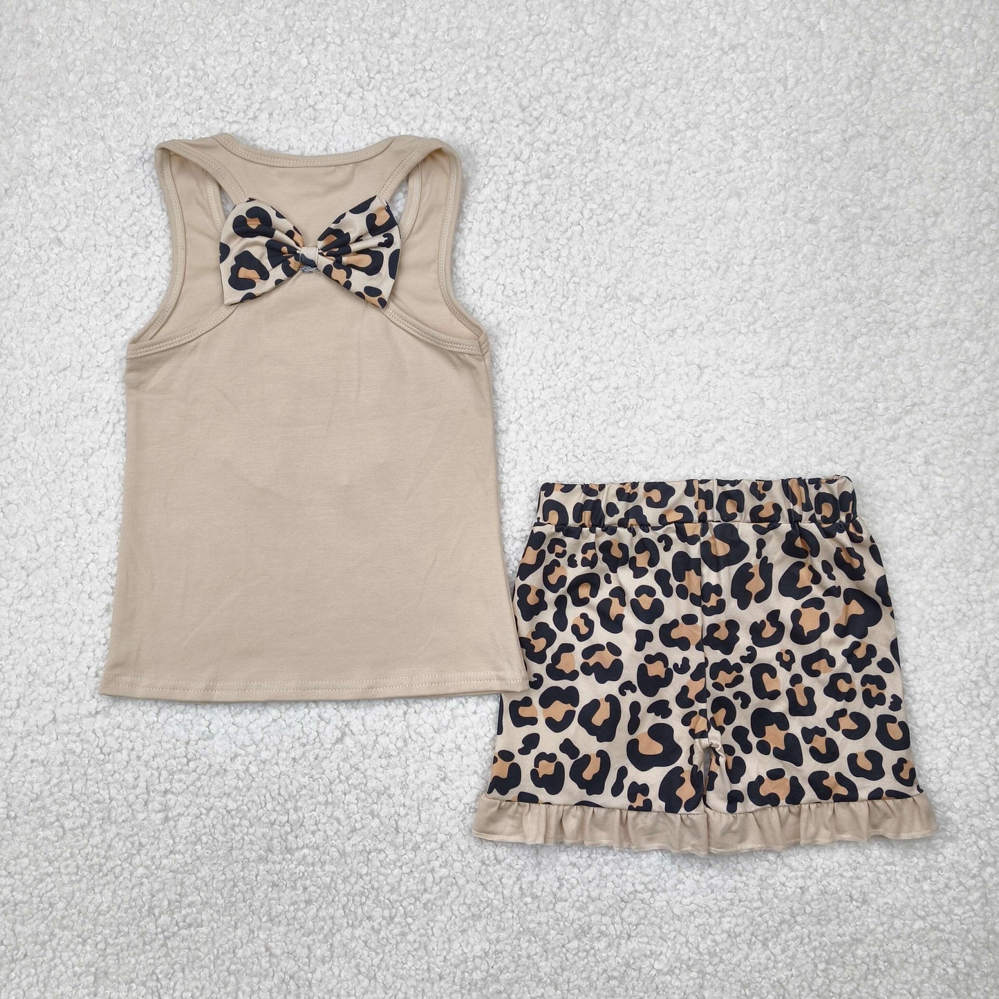 Preorder Baby Girl Sleeveless Khaki Embroidery Bow Tops Leopard Ruffle Shorts Clothes Set RTS
