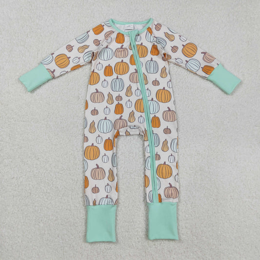 Baby Boy Long Sleeves Pumpkins Fall Zipper Pajamas Footie Romper RTS