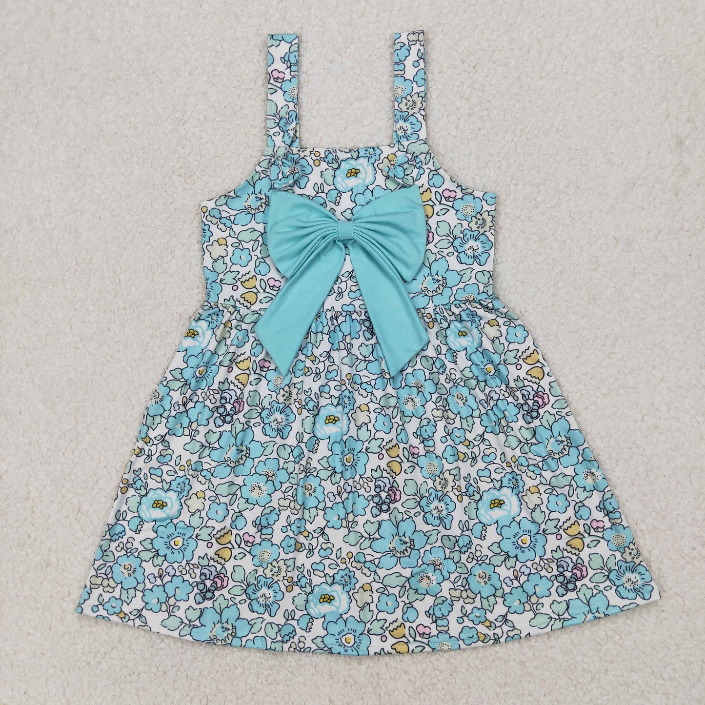 Baby Girl Straps Blue Flower Bow Knee Length Dress RTS